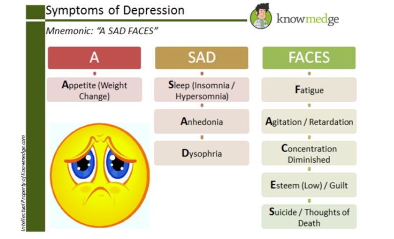 <ul><li><p>Appetite (Weight Change)</p></li><li><p class="has-focus">Sleep (Insomnia / Hypersomnia)</p></li><li><p class="has-focus">Anhedonia</p></li><li><p class="has-focus">Dysphoria</p></li><li><p class="has-focus">Fatigue</p></li><li><p class="has-focus">Agitation / Retardation</p></li><li><p class="has-focus">Concentration Diminished</p></li><li><p class="has-focus">Esteem (Low) / Guilt</p></li><li><p class="has-focus">Suicide</p></li></ul><p></p>