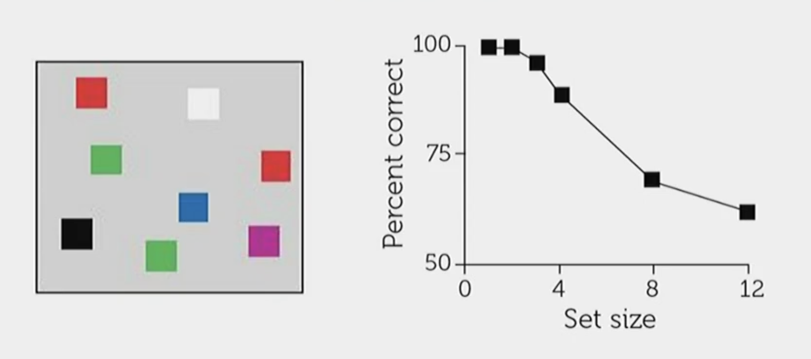 <p>They used a change detection paradigm and told them to remember what they see. They showed participants a display, a blank screen and then a new visual display. </p><p></p><p>Now their task was to press a button to indicate if the display was the same or different.</p><p></p><p>There were different conditions where some change detection paradigms had more items than others.&nbsp;</p><p></p><p>What they found was that accuracy was very high up to 3 items, and still ok at 4 items. However, accuracy anything after 4 items really dropped.&nbsp;</p>