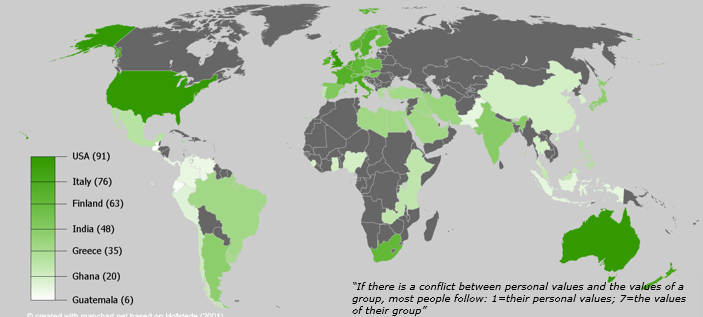 A belief in the importance of the individual and the virtue of self-reliance and personal independence

A society in which the ties between individuals are loose: a person is expected to look after himself or herself and his/her immediate family only

Highly individualistic countries: English speaking countries and Northwest Europe