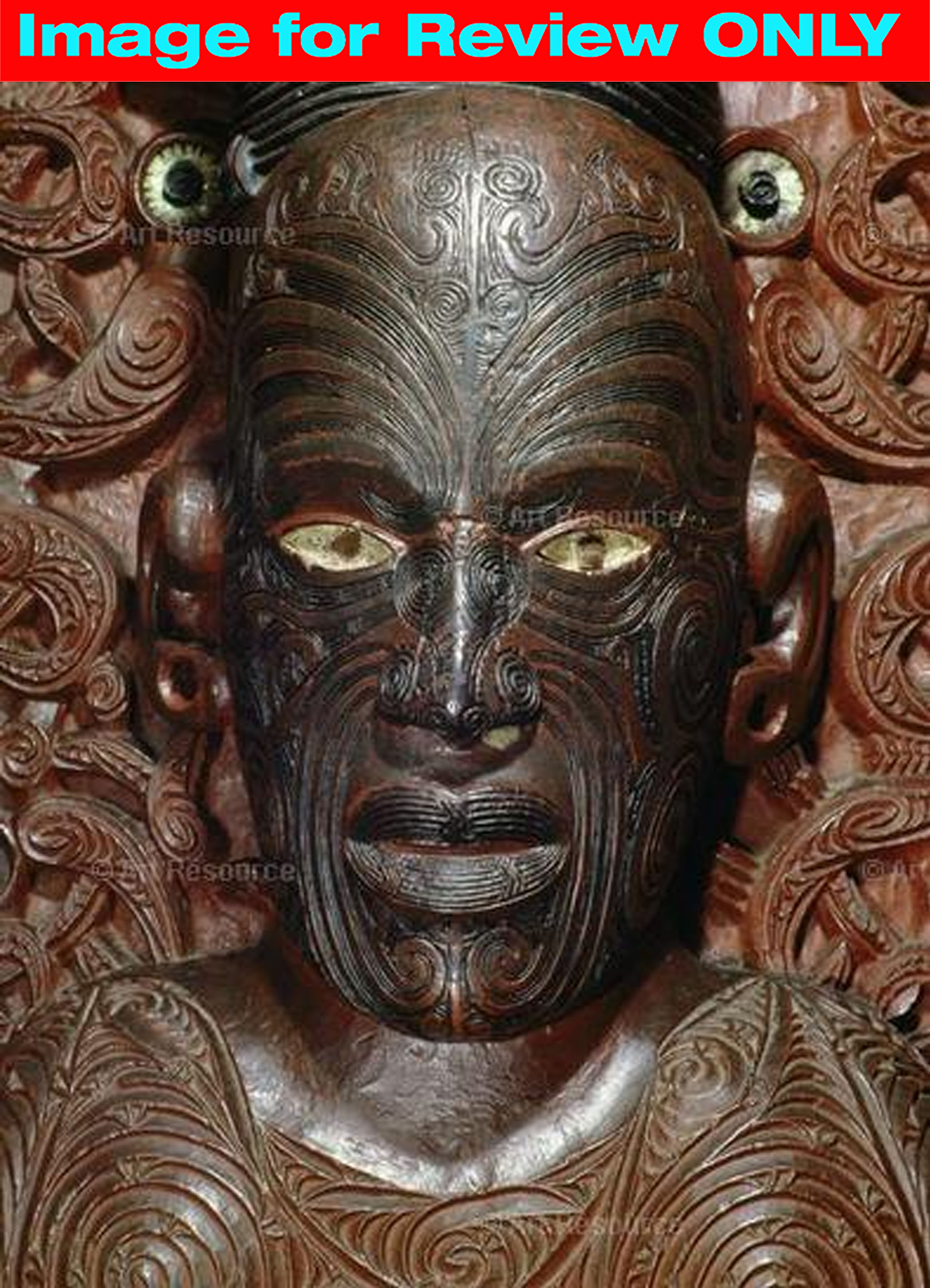 <p>In the sculpture’s face shown, the surface treatment is best described as</p><p><strong>A&nbsp;</strong>relief-carved energy lines that are composed using radial balance</p><p><strong>B&nbsp;</strong>molded brass outer layer treated with seawater to form a bronze patina</p><p><strong>C&nbsp;</strong>incised symmetrical patterns that reflect Maori moko tattoo design</p><p><strong>D&nbsp;</strong>sanded, asymmetrical embellishment inspired by ceremonial masks</p>