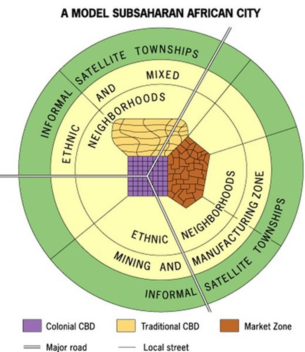 <p>often features three CBDs: Colonial, Traditional (market), and Periodic Market zones</p>
