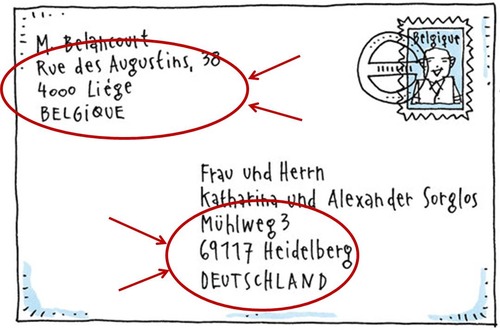 Angabe von Namen und Wohnung, Anschrift

Meine ____lautet: Wagner-Str. 2, Düsseldorf.
Ich notiere mir die ___ vom Arzt.