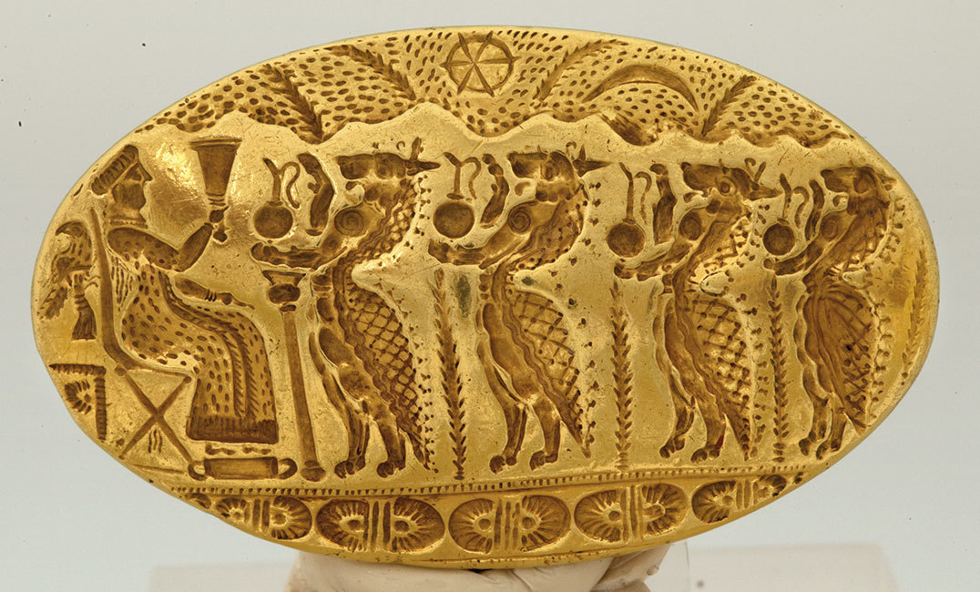 <p><strong><u>Date</u></strong> : 15th century BC</p><p></p><p><strong><u>Location</u></strong> : Tiryns</p><p></p><p><strong><u>Material</u></strong> : gold</p><p></p><p><strong><u>details</u></strong> :</p><ul><li><p>goddess <strong>holds a cup</strong> with a <strong>hawk or eagle</strong> behind her - <strong>symbol of power</strong> ?</p></li></ul><p></p><ul><li><p>Lion headed spirits carry <strong>long-necked jugs</strong>, perhaps some <strong>form of drink offering, libation</strong></p></li></ul><p></p><ul><li><p>Wheat in between the spirits - perhaps some sort of agriculture religious ritual.</p></li></ul><p></p><ul><li><p>Sun and moon</p></li></ul><p><strong><u>Significance</u></strong> :</p><ul><li><p><strong>Repousse technique</strong>, <strong>granulation</strong> - <strong>craftsmanship</strong>, skill</p></li><li><p>evidence of <strong>religion</strong> and <strong>wealth</strong></p></li></ul><p></p><p></p><p></p>