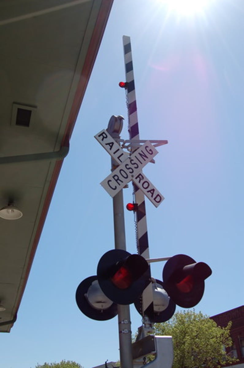 <p>used with the "cross buck" sign at many railroad crossings. ALWAYS STOP when the lights begin to flash. The lights mean a train is coming. Remain STOPPED until the lights stop flashing and you can proceed with safety</p>