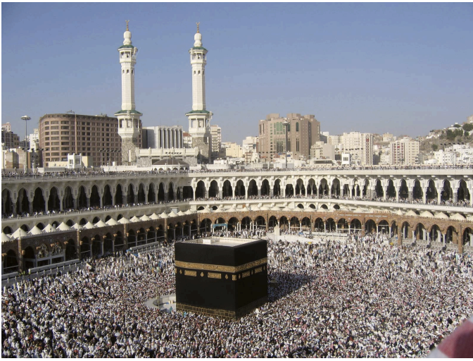 <p>Sacred cubic shrine in Islam; center of the Great Mosque and direction of Muslim prayer (qibla). Believed to have been rebuilt by Muhammad; central to Islamic pilgrimage (Hajj).</p>