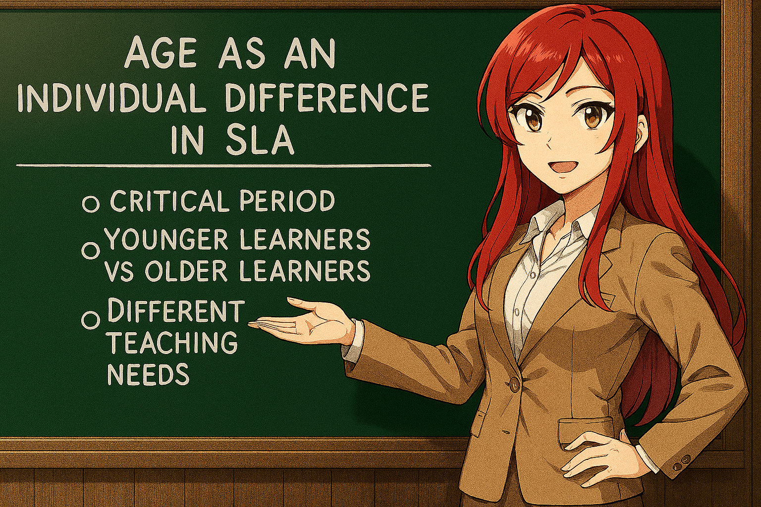 <ul><li><p>Younger learners often achieve more native‑like pronunciation in naturalistic settings.</p></li><li><p>Older learners may progress faster initially in grammar and vocabulary in classroom contexts.</p></li><li><p>Critical Period Hypothesis suggests a biological window for optimal language learning.</p></li></ul><p></p>