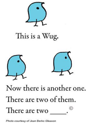 <p>experiment om te weten of kinderen de morfologie expliciet apart opslagen in lexicon of impliciet leren en dan toepassen</p><p>Wug bestaat niet, maar iedereen maakte er Wugs van=> morfologische regel van meervoud toepassen (impliciet leren)</p>