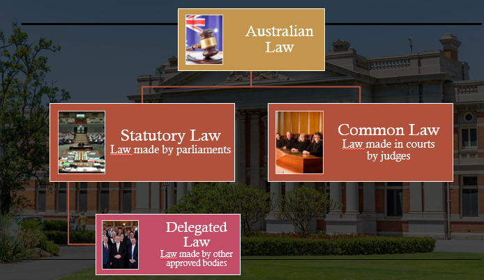 <p>Australia Law:</p><ul><li><p>Statuatory Law - Law made by parliaments</p><ul><li><p>Delegated law - Law made by other approved bodies</p></li></ul></li><li><p>Common Law - Law made in courts by judges</p></li></ul><p></p>