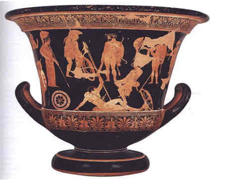 <p>anonymous vase painter of greece(niobid painter), c 460-450 BCE, clay, red figure technique, white highlights </p>