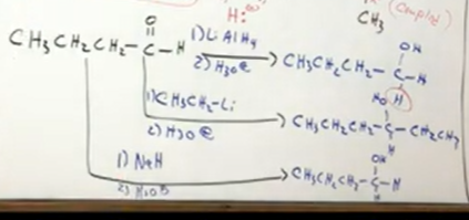 <p>Notice if creates H nucleophile, H is added to product. If creates R nucleophile, the R group is added to product.</p>
