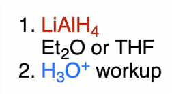 <p><strong>metal hydride </strong>(irreversible) <br>* why does it only work with LiALH4</p><p>nitrile ([3], CN) → ?<br>1,2 or 1,4 addition?</p>