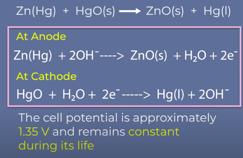 <p>Mercury cells are suitable for low-current devices like hearing aids, and watches.</p><p></p><p>A: Because no ions are involved in the cell reaction.</p>