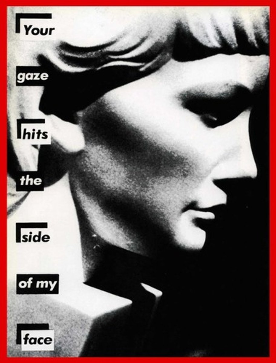 <p>Barbara Kruger critiques consumerism and power structures by adopting the aesthetic of advertising—bold, black-and-white photos with aggressive red, white, and black text (using fonts like Futura Bold Oblique). By mimicking the visual language of magazines and billboards, her art tricks the viewer into engagement before using direct address ("you," "your") to interrogate consumer complicity, gender stereotypes, and societal, political control</p>