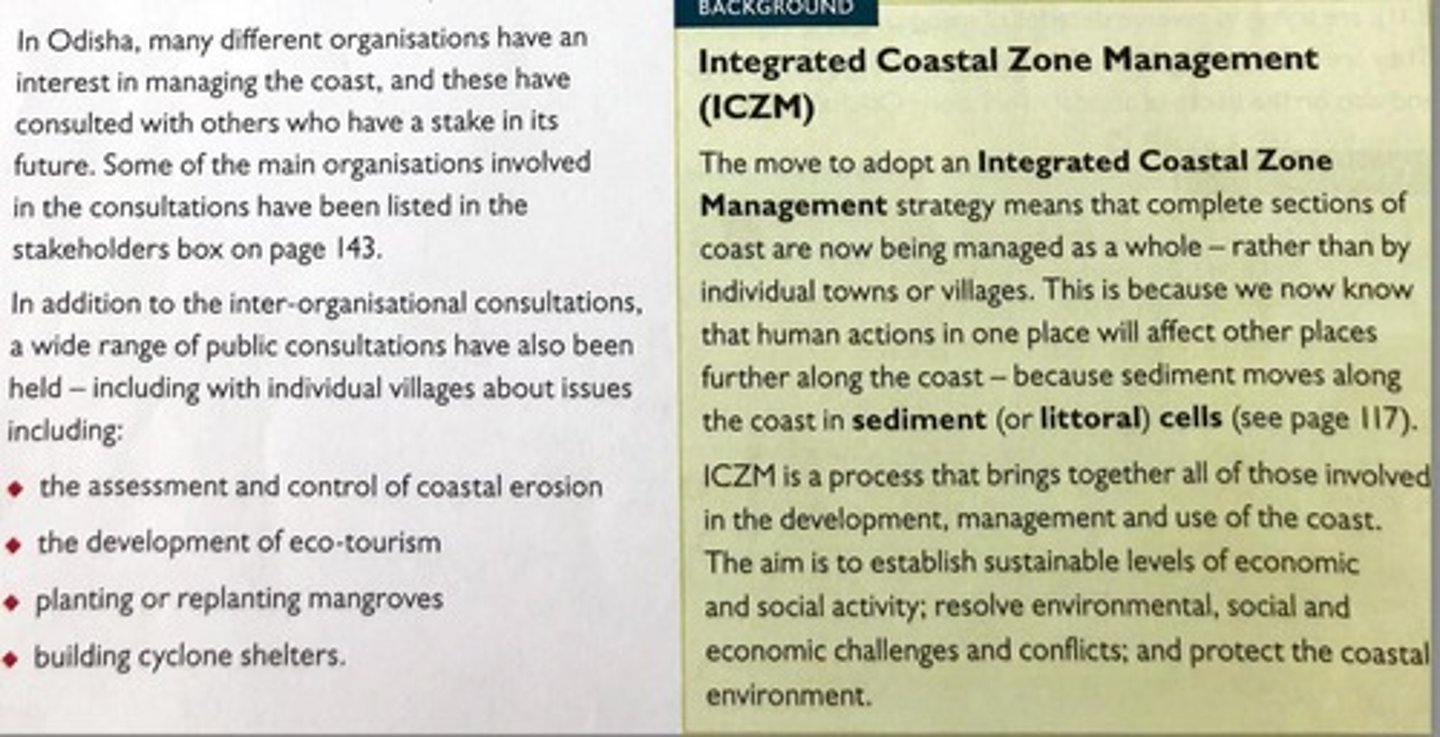 <p>A sustainable approach that manages the entire coastal zone as a whole, considering all stakeholders and natural processes rather than just individual sites.</p>
