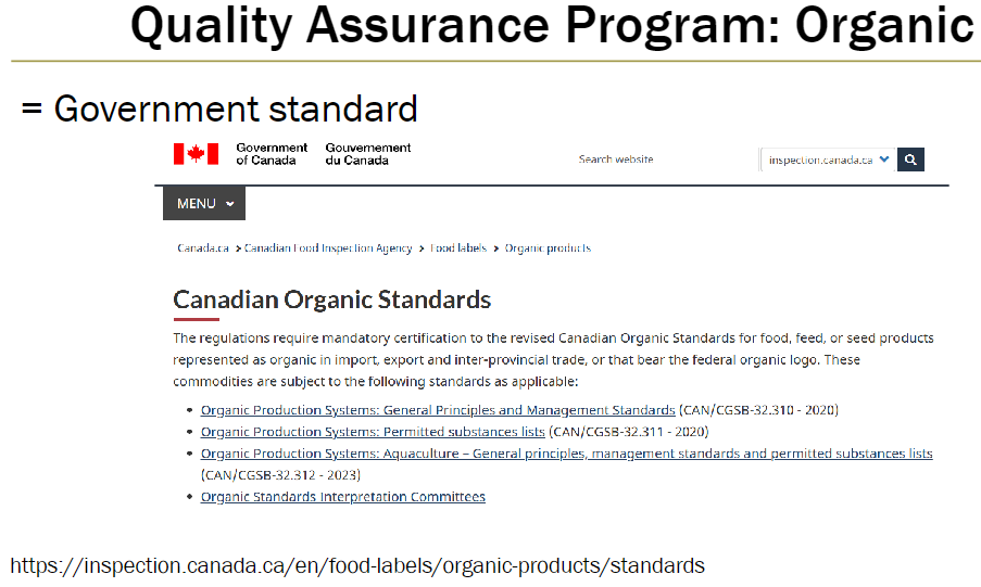 <p><strong>Purpose</strong><br> Ensures food, feed, or seed products represented as organic meet national standards</p><p><strong>Requirements</strong><br> Mandatory certification to revised Canadian Organic Standards<br> Applies to products in import, export, and inter-provincial trade<br> Products bearing the federal organic logo must comply</p>