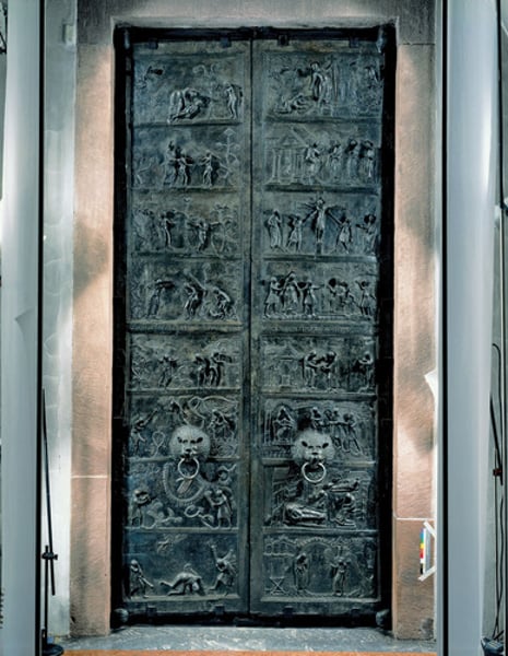 <p>Made for the Abbey Church of Saint Michael,<br>Hildesheim, Germany c. 1015; bronze; reliefs of biblical scenes; Medieval art</p>