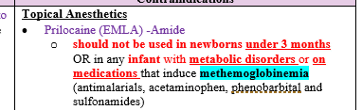 <p>Newborns <3 mos or any infant with metabolic disorders or on meds that induce methemoglobinemia (antimalarials, acetaminophen, phenobarbital, and sulfa)</p>