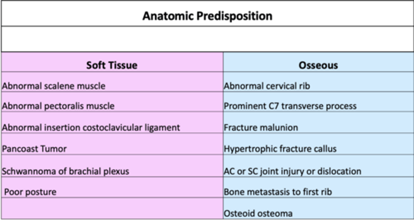 <p>Anatomic predisposition superimposed with neck trauma (acute or chronic/overuse).</p>