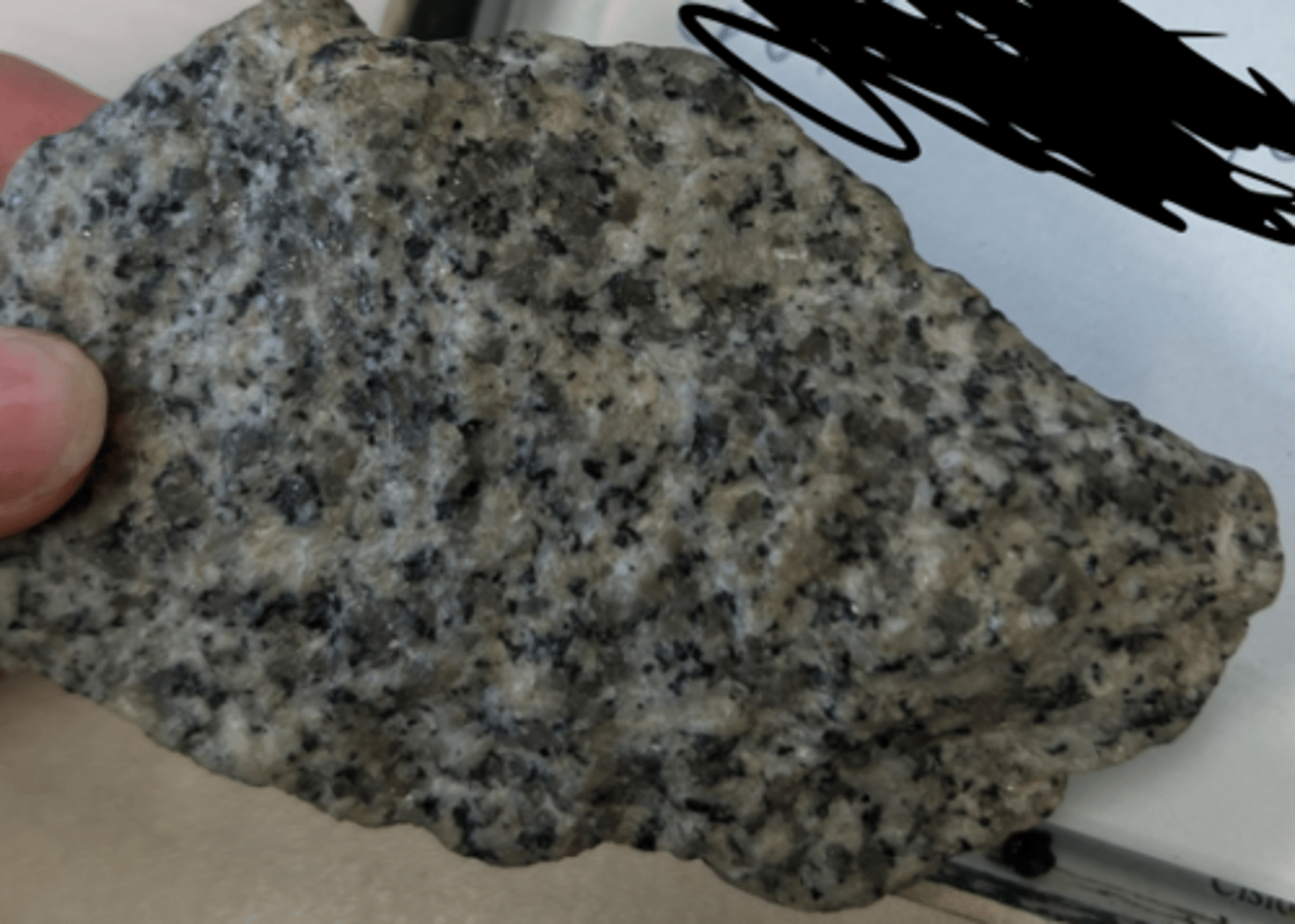 <p>intrusive igneous rock, coarse grained <br>plagioclase feldspar and quartz and often biotite or hornblende.</p>