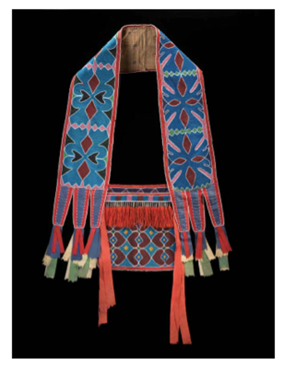 <p>Lenape (Delaware tribe, Eastern Woodlands)</p><p>c. 1850 CE</p><p>Form: Beadwork on leather</p><p>Function: Worn across your chest with a strap, seen as a sign of prestige.</p><p>A bandolier bag is worn with a strap across the body with the bag at the hip. They were typically made from leather, cotton, and wool. They were decorated with beads. This is a bandolier bag, attributed to the Lenape peoples from the Eastern Delaware region. Women typically made the bags, but it was the men in the tribe that most often wore them.</p>