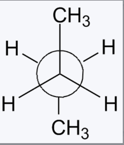 <p>- ALWAYS in a staggered conformation</p><p>- bulky groups are 180 degrees apart thus reducing the steric strain thus is MORE STABLE than GAUCHE STAGGERED CONFORMATIONS</p>