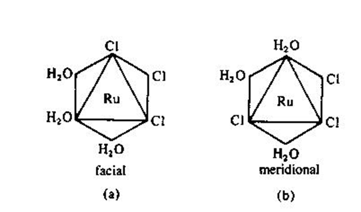 <ul><li><p>MA<sub>3</sub>B<sub>3</sub> form of CN 6 complexes will form facial or meridional isomers </p></li><li><p>Facial is when the same three ligands occupy the corners of a triangle forming a ‘face’ </p></li><li><p>meridional is when the ligands form a line/row in the octahedral (axial to equatorial to axial, H<sub>2</sub>O forms this line in the meridional isomer) </p></li></ul><p></p>