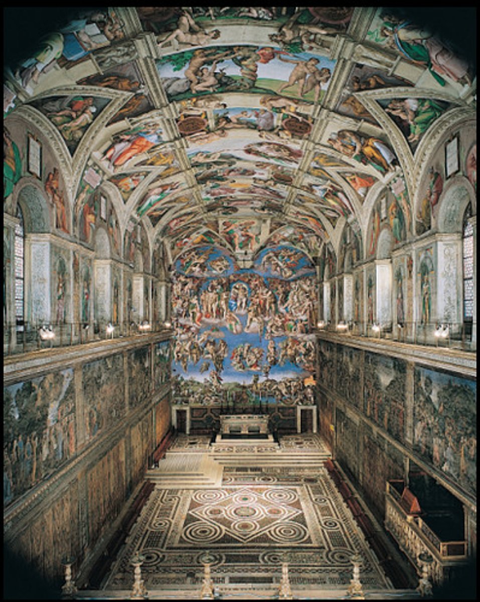 <p>Location: Vatican City, Italy</p><p>Time Period: 1508- 1512 C.E</p><p>Artist: Michelangelo</p><p>Material: Fresco</p><p>Facts: Michelangelo has used the physical space of the water and the sky to separate four distinct parts of the narrative. On the right side of the painting, a cluster of people seeks sanctuary from the rain under a makeshift shelter. On the left, even more people climb up the side of a mountain to escape the rising water. Centrally, a small boat is about to capsize because of the unending downpour. And in the background, a team of men work on building the ark—the only hope of salvation.</p>