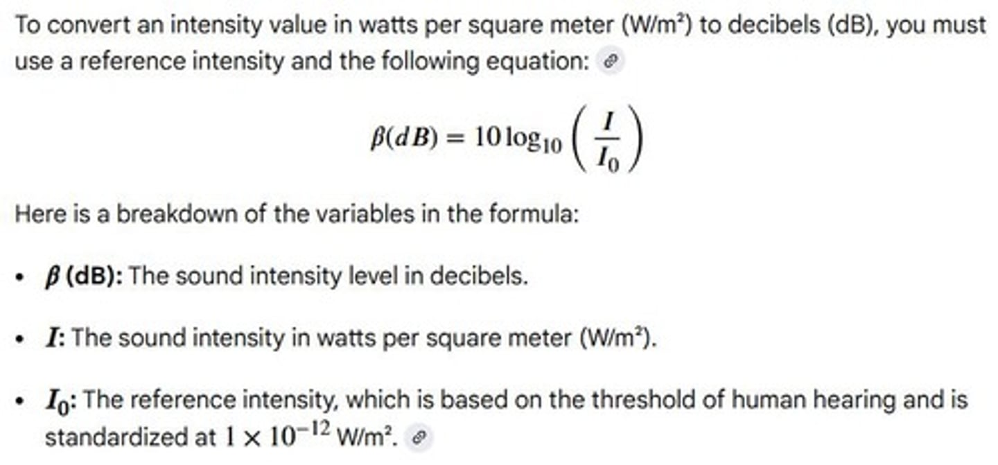 <p>Defined as β(dB) = 10 log10(I/I0), where I0 = 10−12 W/m² is a reference intensity.</p>