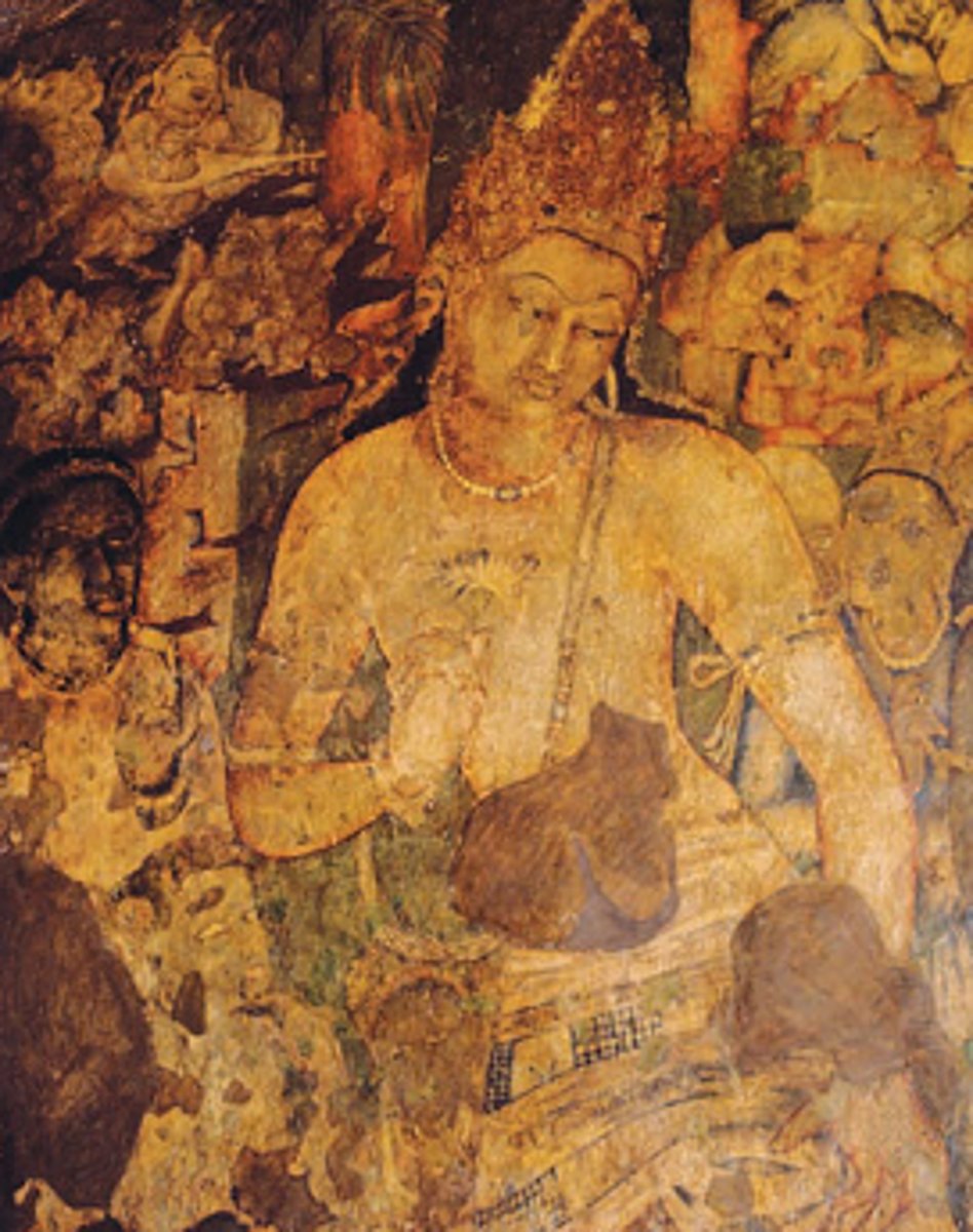 <p>Date: late 5th Century CE</p><p>Location: Wall painting from Cave 1, Ajanta</p><p>Stylistic Period: Gupta period, India</p><p>Medium: clay, cow dung, urine, rice hunk,</p><p>pigments</p>