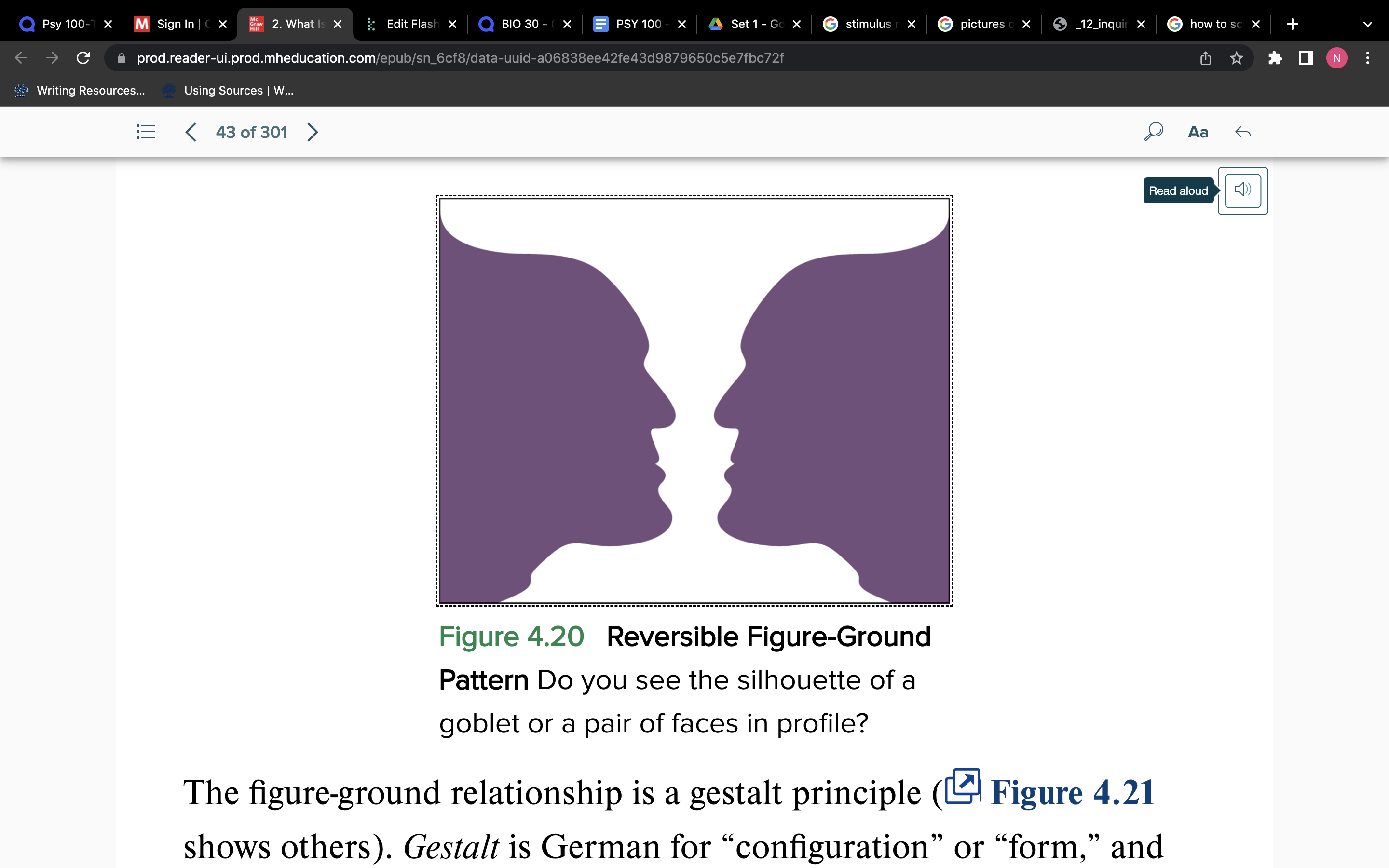 <p>The principle by which we organize the perceptual field into stimuli that stand out (figure) and those that are left over (ground).</p><ul><li><p>Some are ambiguous and hard to tell between the figure and the ground</p></li></ul><p>THINK OF LIKE YOUR CRUSH AT A PARTY AND YOUR CRUSH IS THE FIGURE AND THE PEOPLE ARE THE BACKGROUND ITS HOW YOU MAKE SENSE OF YOUR REALITY</p>