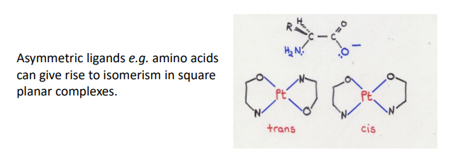<ul><li><p>(cis/trans) can usually only form cis isomers / adjacent positions on the coordination sphere, as trans are too far apart / get in the way of other ligands - considering the donor atoms on an individual Polydentate</p></li><li><p>(cis/trans for bidentates) in octahedral, bidentate ligands can form cis/trans isomers on complexes with 2 bidentates &amp; 2 other groups (cis = bidentates beside eachother) (trans = bidentates opposite eachother)</p></li><li><p>(cis/trans for asymmetric bidentates) in square planar, can form cis/trans based on if like donors are adjacent (cis) or opposite (trans)</p></li></ul><p></p>