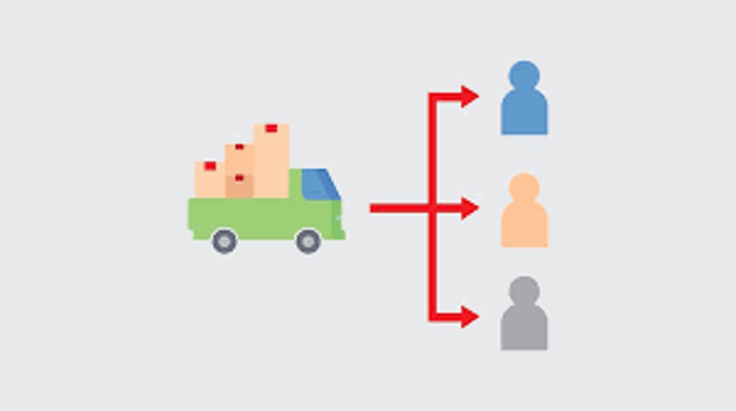 <p>the process of giving things out to several people, or spreading or supplying something: sự phân phối, phân bố.</p>