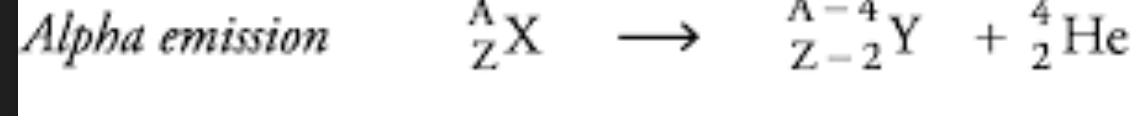 <p>A reaction where an alpha particle is emitted, resulting in a decrease of two in atomic number and four in mass.</p>