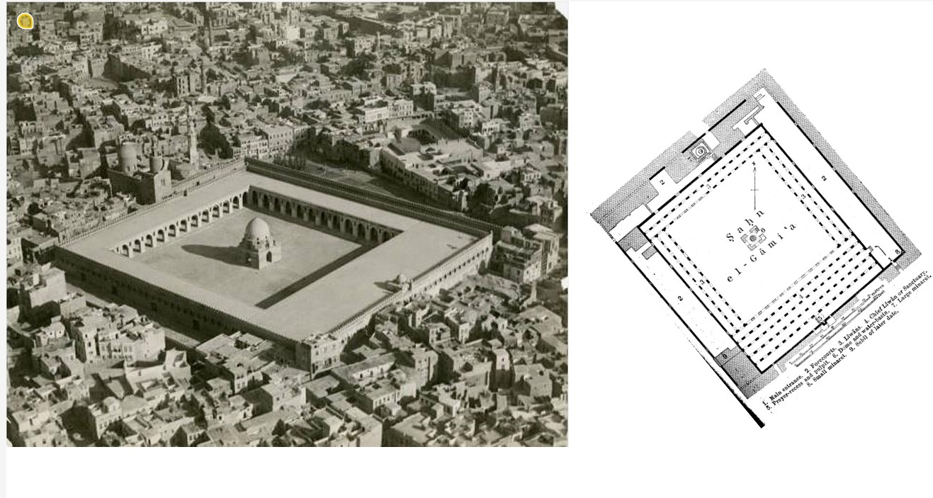 <ul><li><p>Spiraling clean surfaced MINARETS</p></li><li><p>in Abbasid style </p><ul><li><p>clean geometry and planes </p></li><li><p>central fountain structure, verticality </p></li></ul></li><li><p>engaged columns and pointed arches </p></li><li><p>SPANDREL open to the outside </p></li><li><p>INTRADOS with ornamentation </p></li></ul>