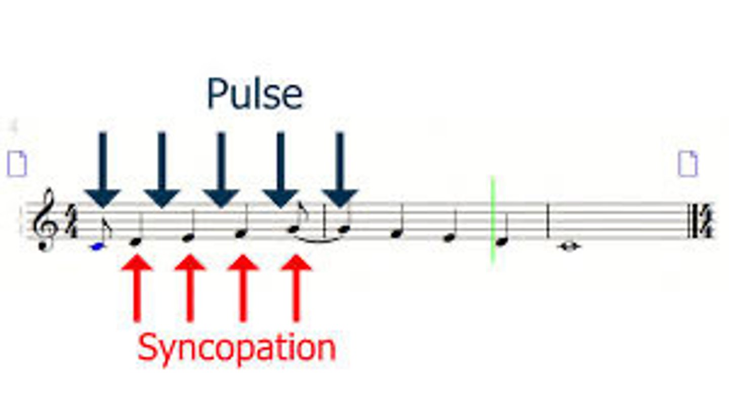 <p>A musical technique disrupting normal beat patterns for rhythmic surprise.</p>