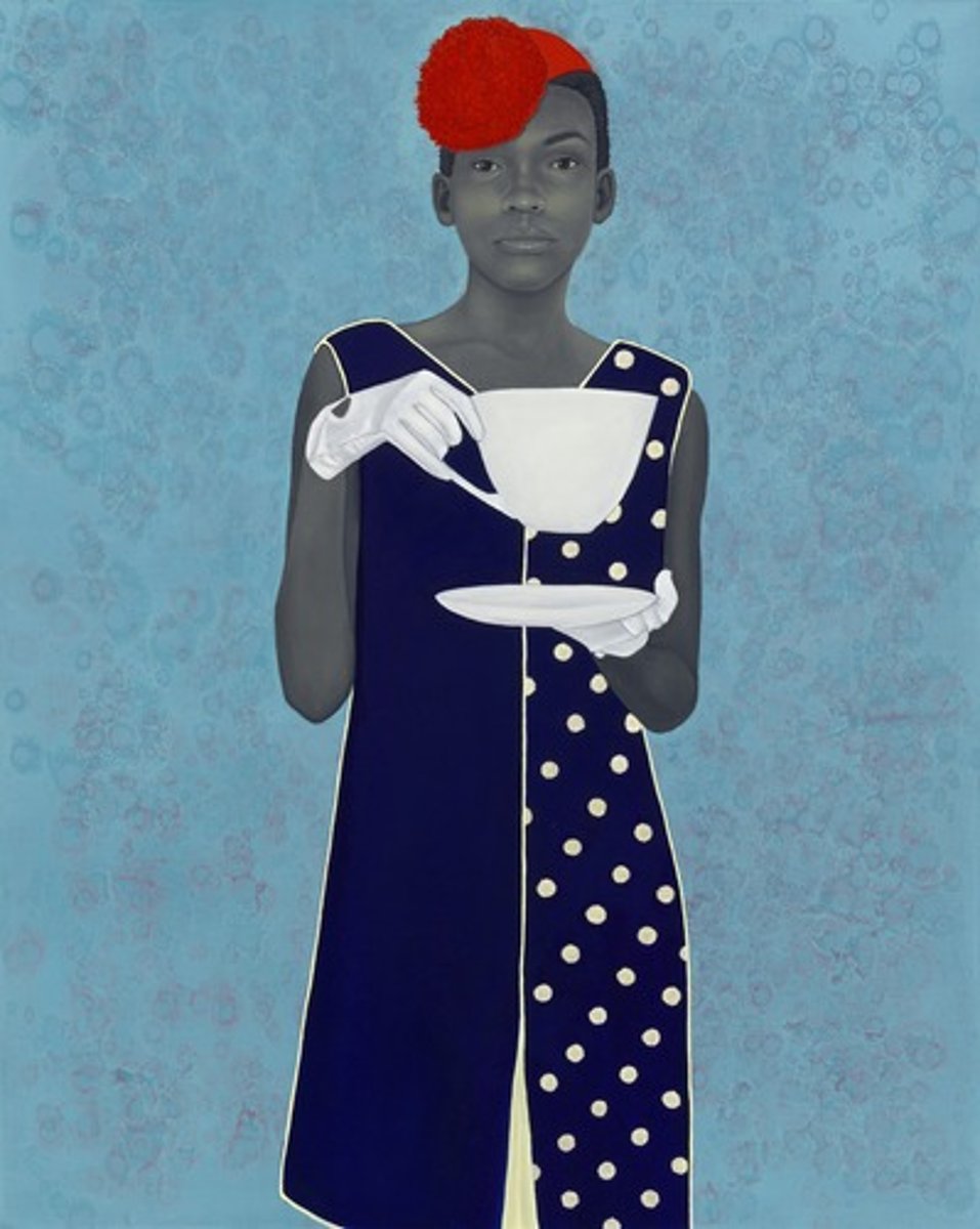 <p>The painting features a young woman wearing a bright red fascinator and a dress with white gloves, with her skin painted in a light gray grayscale (grisaille) to remove it from race-based interpretation.</p><p>Inspired by Alice in Wonderland, the large teacup represents a dreamlike, alternative narrative where the subject is free from societal constraints.</p><p>"Unsuppressed Deliverance": The title reflects a moment of freedom and, combined with the subject's poised, confident posture, signifies a removal of the weight of societal expectations.</p>