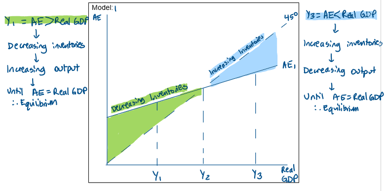 <p>At Y1, AE is greater than real GDP, leading to a decrease in inventories as firms sell more than they produce. The reduction in inventory levels signals firms to increase their production, firms hire more labour thereby increasing employment. This increase in production &amp; employment leads to a rise in real GDP. However as real GDP rises, the increase in AE slows due to the slope of the AE curve reflecting the MPC. The economy continues to adjust unit it reaches a new macroeconomic equilibrium at Y2, where AE equals real GDP &amp; income levels are stable.</p><p>At Y3, Real GDP exceeds AE resulting in increasing inventories as firms produce more than what is being consumed. The accumulation of inventories signals firms to decrease thier production to prevent excess unsold goods. As firms reduce production, they demand less labour, leading to a decrease in employment. This reduction in production &amp; employment causes a decline in real GDP. As real GDP falls, the decrease in AE occurs at a reduced pace due to the slope of the AE curve which moderates the decline &amp; reflects the MPC. The economy adjusts until it reaches a new macroeconomic equilibrium at Y2, where AE equals real GDP &amp; income levels are stable.</p><p></p>