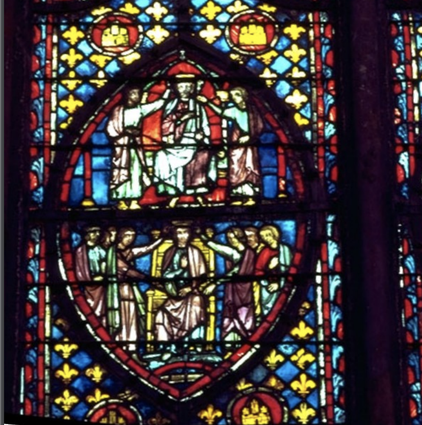 <p>Stained glass window from Sainte-Chapelle, Paris, showing the coronation of a king (Louis IX), c. 1243-1248.</p>