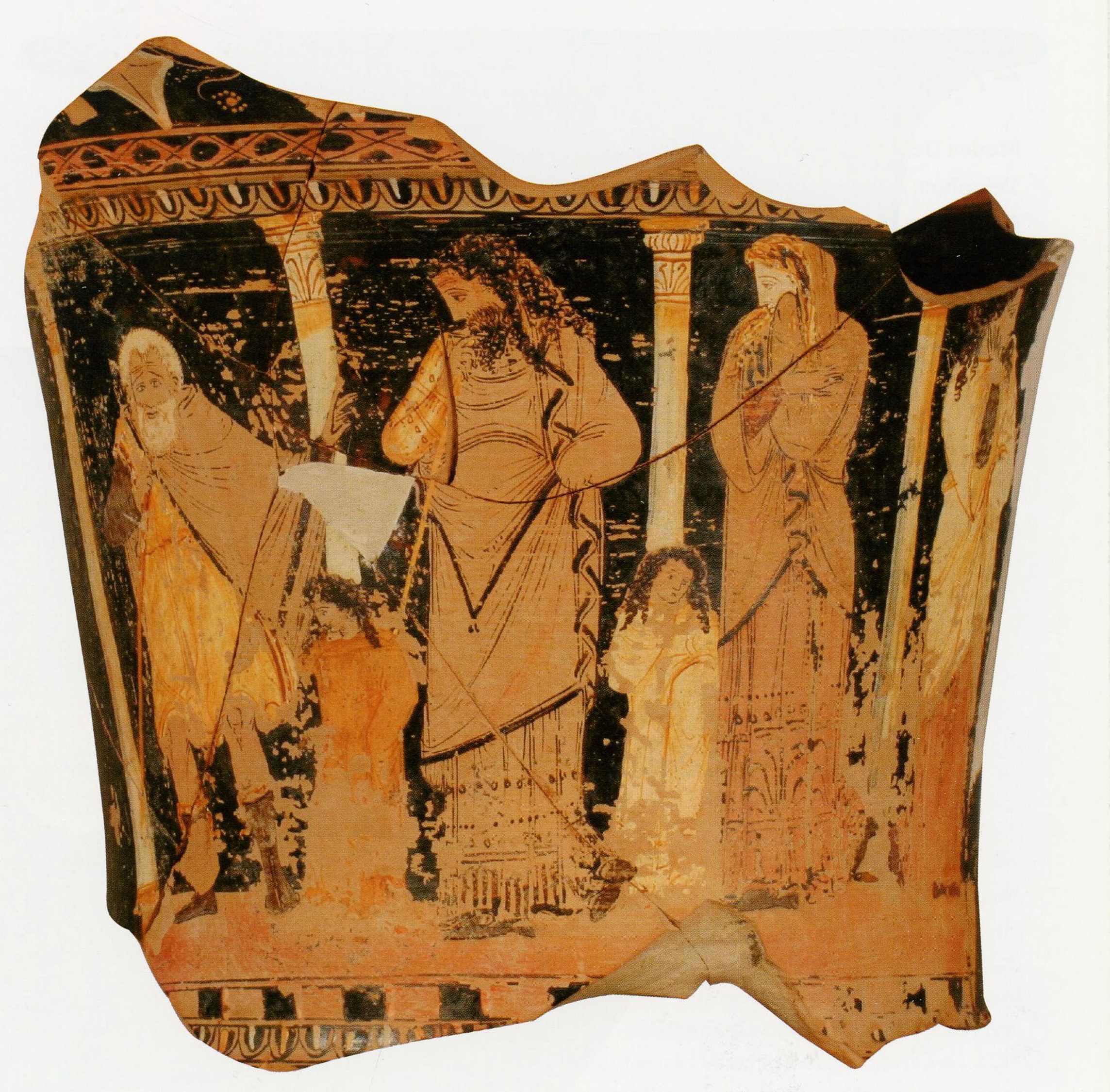 <p>Capodarso Painter: <em>Sicilian calyx-krater Oedipus and his family with the Corinthian messenger</em>, Greek, c. 330s BCE</p>