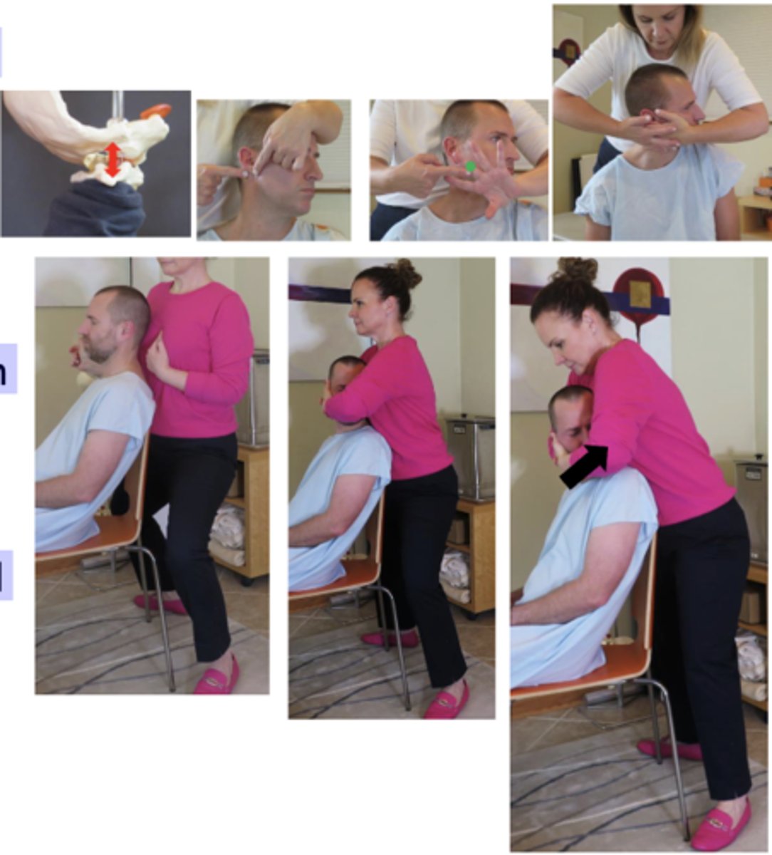 <p>• PP: Seated in chair with a back, head turned away from side of contact, permission to contact the neck, identify how you found the segment</p><p>• DP: Stand behind patient, tissue slack M-L, resting patient's head against doctor's sternum</p><p>• CH: Proximal palmar surface of middle finger of hand corresponding to side of head rotation (reach around patients face to contact), contact on inferior border of occiput and lateral border of mastoid process on side of dysfunction</p><p>• IH: reinforce contact hand stabilizing patients head against doctor's sternum</p><p>• Vec: I-S and L-M (closing the wedge)</p><p>**develop pre-adjusted joint tension by distracting verticallywith arms and legs</p>