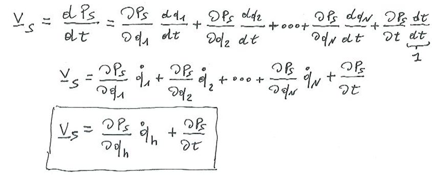 <p>i punti di un sistema olonomo sono una funzione dei parametri lagrangiani: <br>OPs = OPs( q1, q2 , …, qn, t)<br>se ora derivo OPs rispetto al tempo ho che il s-esimo vettore velocità nel punto OPs sara: <br><br>dove la convenzione di Einstein indica una somma per gli indici ripetuti “h“</p>