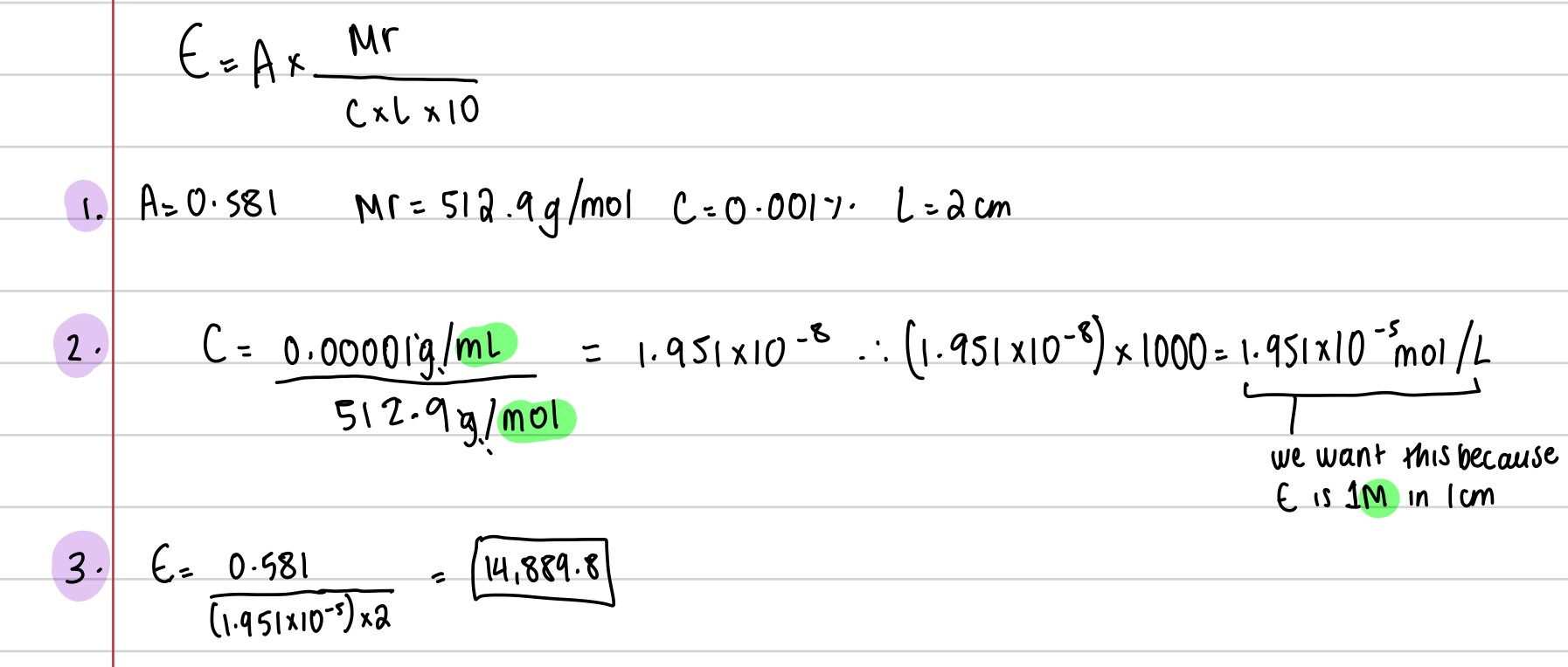 <p>A(1%, 1 cm) = 290.5 (all you do is A[1%,1cm]=A/cl no conversion at all</p><p>ε = 14900 dm3 mol-1 cm-1 </p>