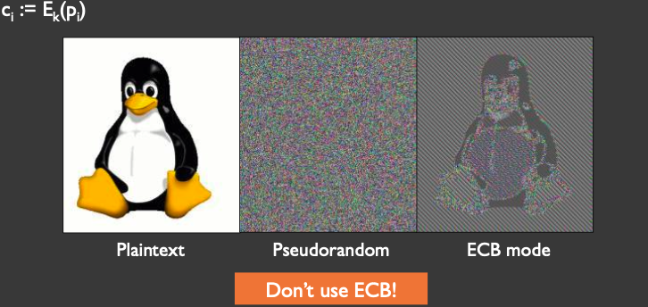 <p>just encrypt each block individually</p><ul><li><p>DON’T USE ECB</p></li></ul><p></p>