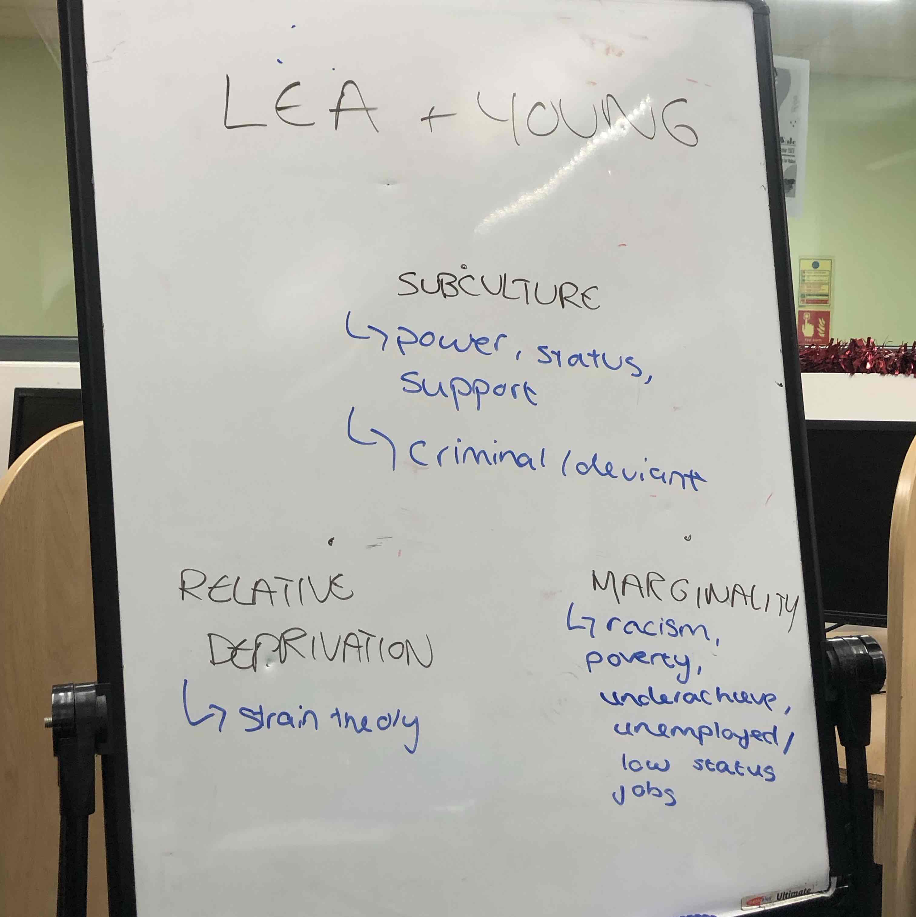 <p>There are 3 causes for crime:</p><ol><li><p>Relative deprivation - individuals face inequality or are deprived in any form</p></li><li><p>marginalisation  - those who feel excluded from society i.e. the unemployed or ethnic minorities etc.</p></li><li><p>subcultures - relative deprivation and marginalisation then work together to create subcultures so groups can then fell like they have some form of group or status within society which can often lead to criminal activity.</p></li></ol>