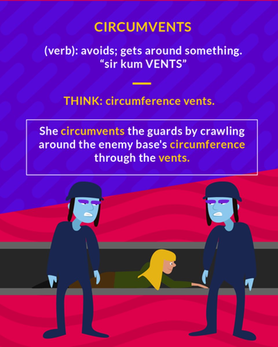 <p>(verb) get around; avoids</p>