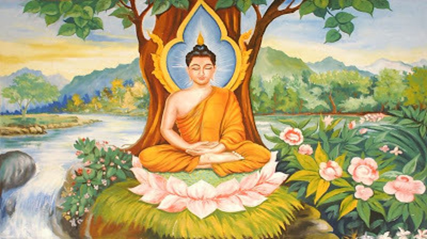 <p>500CE</p><p>Birth of ______</p><p>Upper class, isolated as a child</p><p>Meditated under Bondi tree for 40+ days and reached enlightenment</p>
