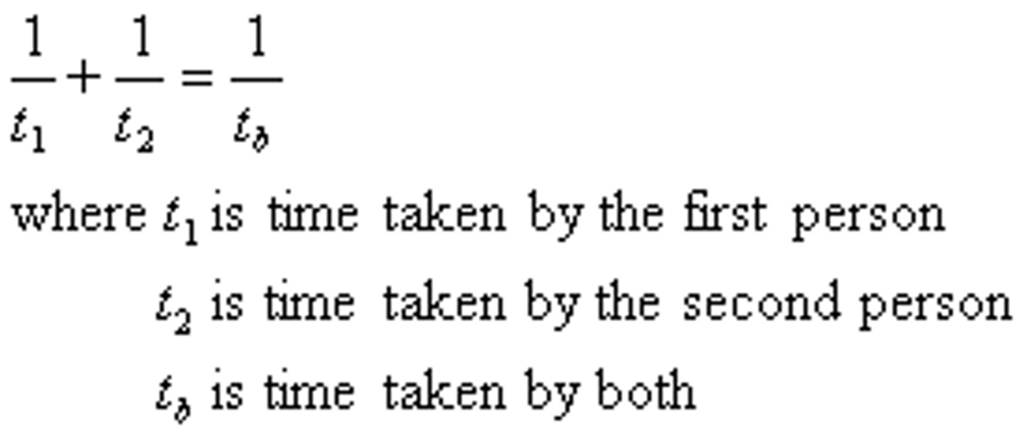 <p>Ex: "If Tom gets a job done in 4 hours (t₁) and Jerry gets the job done in 3 hours (t₂), how many hours does it take to get the job done working together (t total)?"</p><p>*Note: You have to solve for t total!</p>