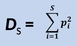 <p>Probability of any two individuals drawn at random from a community belong to different species</p><p>• Where p_i is the proportion of individuals in the ith species (n_i/N)</p>
