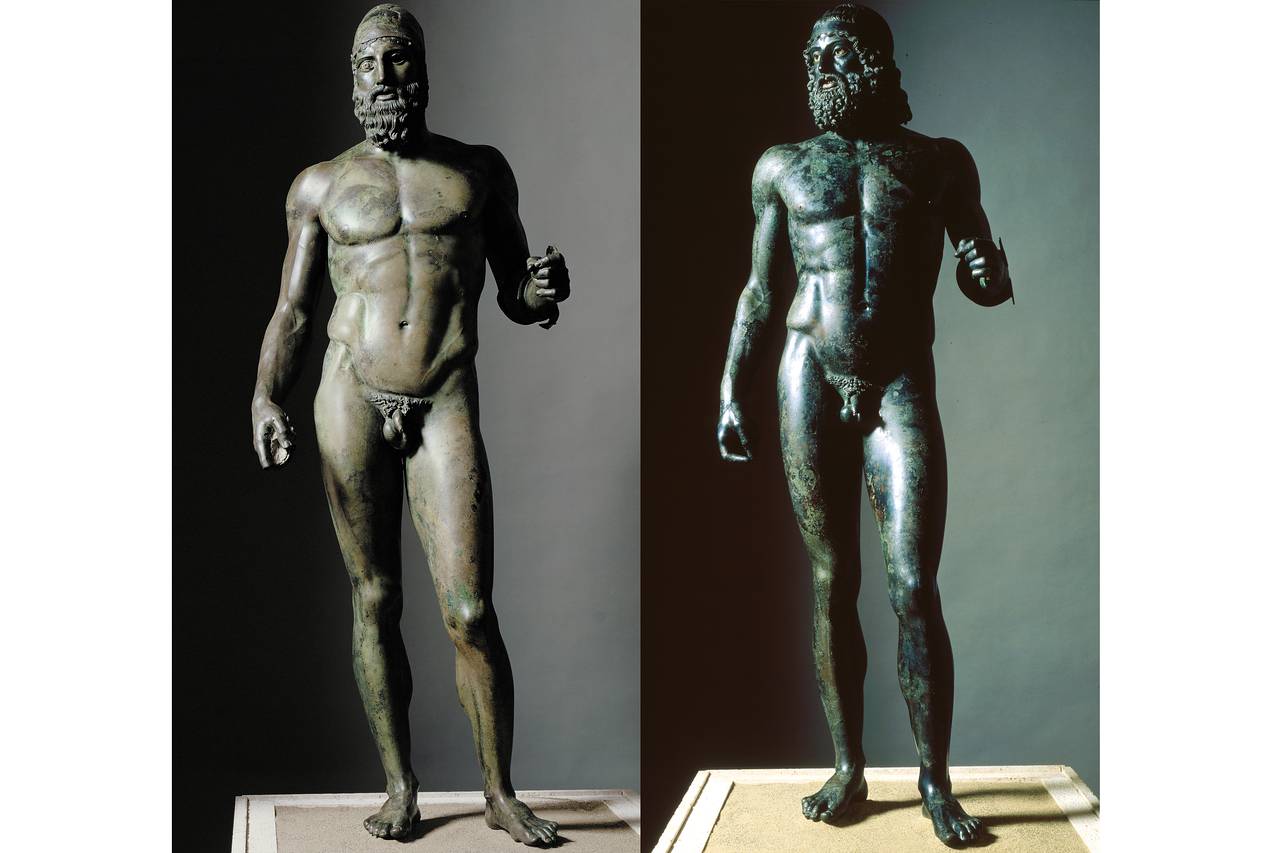 <ul><li><p>both adopted a contrapposto stance - arms held asymmetrically away from the body, heads turned to one side.</p></li></ul><p></p><ul><li><p>most likely to be carrying spears and a shield but they were lost.</p></li></ul><p></p><ul><li><p>The nude warriors were shown ready for action with their muscles delineated and in tension animating both figures.</p></li></ul><p></p><p>(a sense of formality but with personality.) </p>