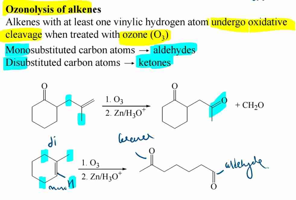 <p><span>Cleavage forms aldehydes and ketones depending on substitution.</span></p>